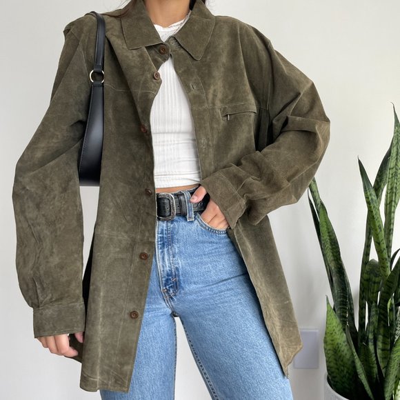 Vintage 100% suede leather shirt jacket / shacket in olive green - Picture 5 of 13